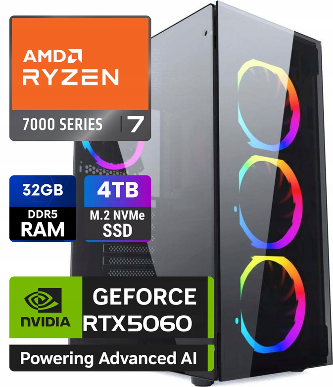 Mocny PC GAMING AMD Ryzen 7 7700 Nvidia RTX 5060 DDR5 32GB